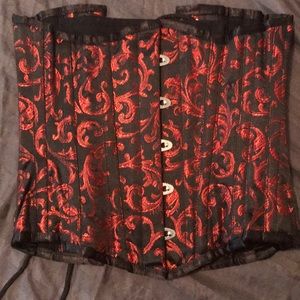 Steel boned red black satin brocade corset